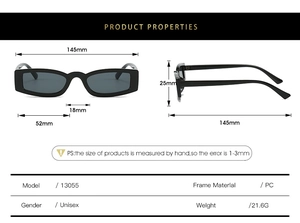 Detailed size specifications and dimensions for small square frame unisex sunglasses