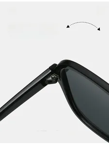 Detailed close-up of durable metal hinges on sleek black geometric sunglasses