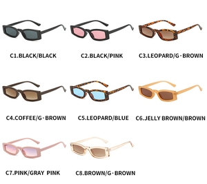 Matrix display of vintage rectangular sunglasses in eight diverse color combinations