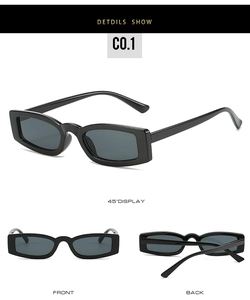 Three-angle product display of narrow rectangular sunglasses in glossy black finish