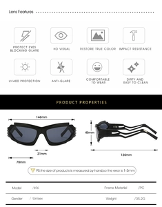 Y2K punk style sunglasses detailed dimensions and PC frame features chart in black