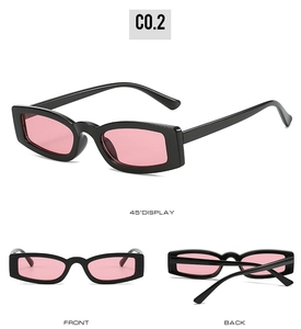 Three-view layout showing small square retro sunglasses with light pink lenses