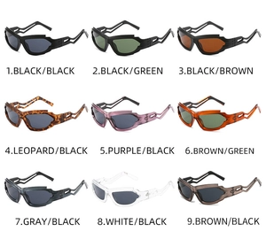 Matrix showing nine colors of futuristic Y2K punk wrap sunglasses with wrap-around frames