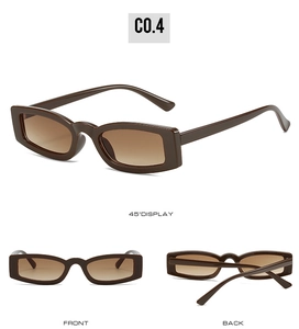 Three-way view of small square sunglasses in dark coffee frame with gradient tea lenses