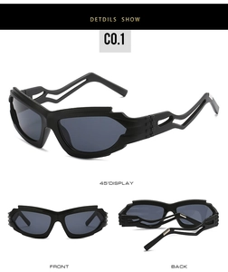 Futuristic Y2K punk sunglasses showing front, back, and 45-degree angle detail views