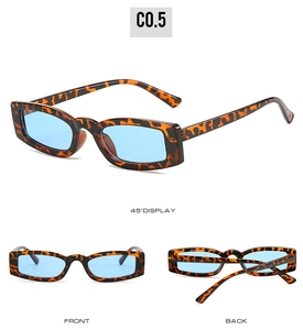 Three-angle views of tortoise shell rectangle sunglasses with light blue lenses
