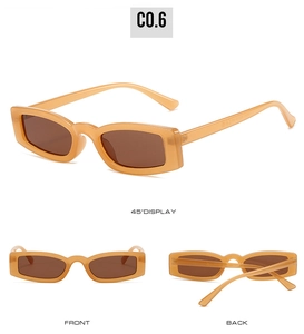 Three views of amber rectangle sunglasses showing front, back, and 45-degree angles