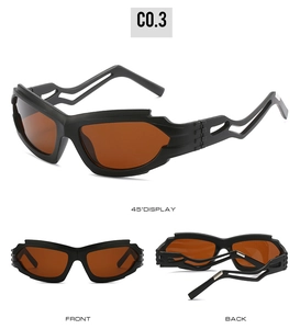 Detailed views of punk Y2K sports sunglasses with black cutout frame and amber lenses