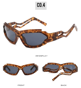 Three-view display of punk Y2K wrap sunglasses featuring tortoiseshell wavy jagged frames