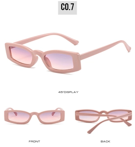 Multiple views of vintage pink rectangular sunglasses with purple gradient lenses