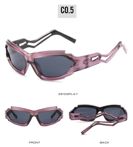 Detail view of purple Y2K wrap-around sunglasses with unique hollow temple arm design