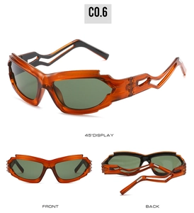 Three-way view of amber Y2K futuristic sunglasses with hollow geometric temples