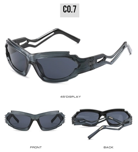 Y2K punk style wraparound sunglasses with wave hollowed temples in dark grey finish