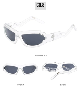 Three-angle view of futuristic Y2K punk sunglasses with clear geometric frames and dark lenses
