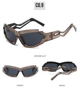 Multi-angle views of grey Y2K punk sunglasses showing side and front streamlined frame