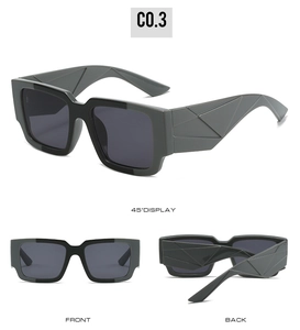 Trois angles de lunettes de soleil carrées avec branches géométriques 3D en gris foncé