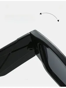 Gros plan des charnières métalliques durables sur les lunettes de soleil carrées noir brillant