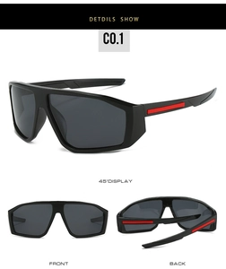 Detailed views of sports wrap sunglasses with black frame and red temple accents