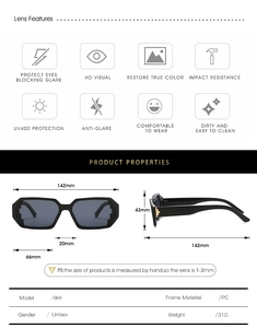 Detail view of PC frame sunglasses with UV400 protection and specific lens dimensions