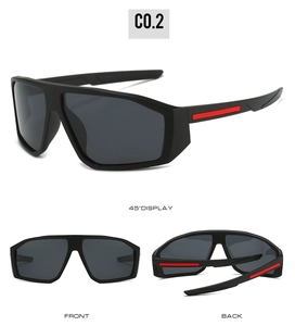 Detailed views of matte black Y2K sports sunglasses with grey lenses and red stripes