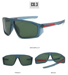 Three views of Y2K sporty blue sunglasses with green lenses and red temple accents