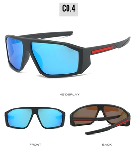 Three-view display of Y2K sports sunglasses with matte black frames and blue lenses