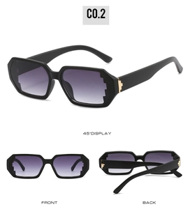 Three-way view of polygon sunglasses with purple gradient lenses and gold pixel details