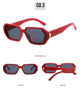 Polygonal pixel-style sunglasses in red frames with multi-angle views and metal hinges