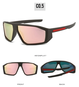 Y2K sporty wrap sunglasses with colorful mirrored lenses and red temple accents