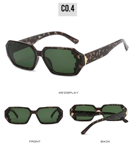 Geometric polygon sunglasses with tortoiseshell frames and green lenses from three angles