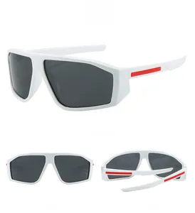 Multi-angle views of white Y2K sports sunglasses featuring dark polarized lenses and red trim