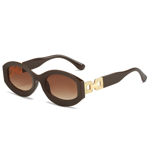 Retro oval sunglasses with dark brown frame, gradient lenses and gold hollow metal temple