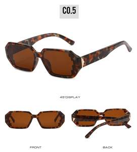 Detailed views of vintage brown tortoiseshell rectangle sunglasses from three angles