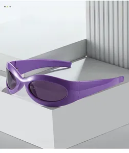 Detail of purple Y2K oval sunglasses on white stone with sharp shadows and texture