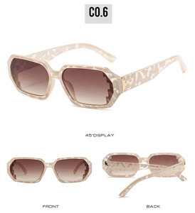 Detailed views of polygon sunglasses with beige marble frame and tea gradient lenses