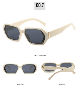 Polygonal sunglasses showing front, back, and 45-degree angle views in cream white finish