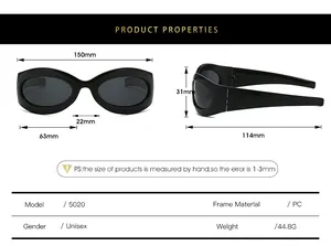 Detailed size specifications for Y2K cat eye sunglasses including frame width and lens height