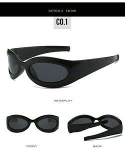 Three-angle display of Y2K oval sports sunglasses showing front, back, and side profiles