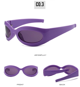 C0.3 Y2K cat eye sunglasses with purple frame shown in front, back and 45-degree views