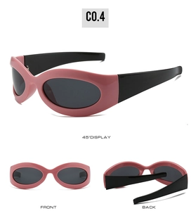 Three-way view of pink Y2K cat-eye sunglasses showing 45-degree, front, and back angles