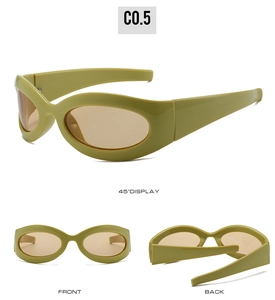 Three views showing front, back, and 45-degree angle of olive green Y2K sunglasses