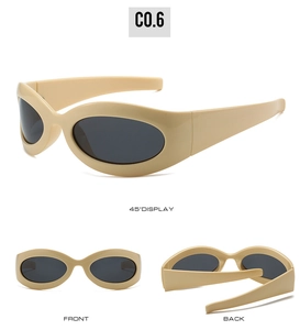 Detail view of cream Y2K cat eye sunglasses showing 45-degree angle, front and back views