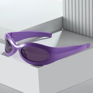 Retro Y2K purple oval sunglasses with thick frames and dark lenses for sports and fashion