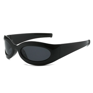 Y2K sporty black wrap-around sunglasses with wide temples and oval frames in a 45-degree view