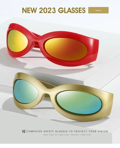Detail of streamlined Y2K sports sunglasses with colorful gradient lenses and sleek frames
