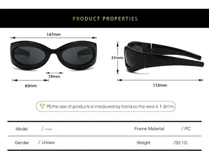 Detailed size chart for Y2K sport sunglasses showing 147mm width and PC frame specs
