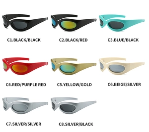 Detailed grid of Y2K sporty sunglasses in various macaron colors with streamlined temples