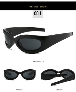 Three views of black wrap-around Y2K sunglasses showing front, side and folded frame angles