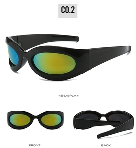 Macro view of Y2K sporty sunglasses featuring black frames and colorful mirrored lenses