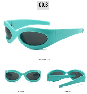 Detailed views of turquoise Y2K sports sunglasses with thick frames and dark oval lenses